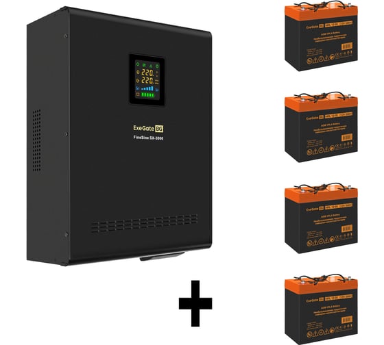 Комплект ИБП ExeGate EX296003RUS+батарея 55Aч EX285652RUS4 штинвертор, синус, для котла, настенный FineSineSX-3000.LCD.AVR.2SH.T3000VA2100W, чистая синусоида, цветной LCD-диспле 296639 1