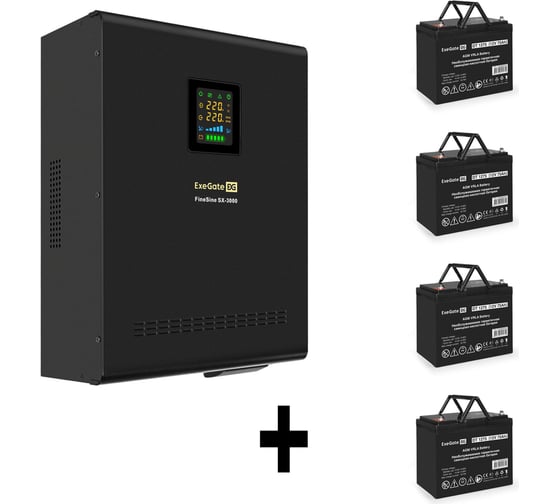 Комплект ИБП ExeGate EX296003RUS+батарея 75Aч EX282983RUS4 штинвертор, синус, для котла, настенный FineSineSX-3000.LCD.AVR.2SH.T3000VA2100W, чистая синусоида, цветной LCD-диспле 296642 1