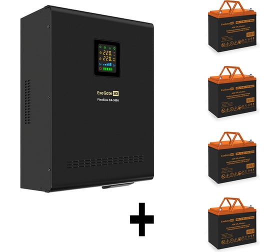 Комплект ИБП ExeGate EX296003RUS+батарея 80Aч EX285654RUS4 штинвертор, синус, для котла, настенный FineSineSX-3000.LCD.AVR.2SH.T3000VA2100W, чистая синусоида, цветной LCD-диспле 296644 1