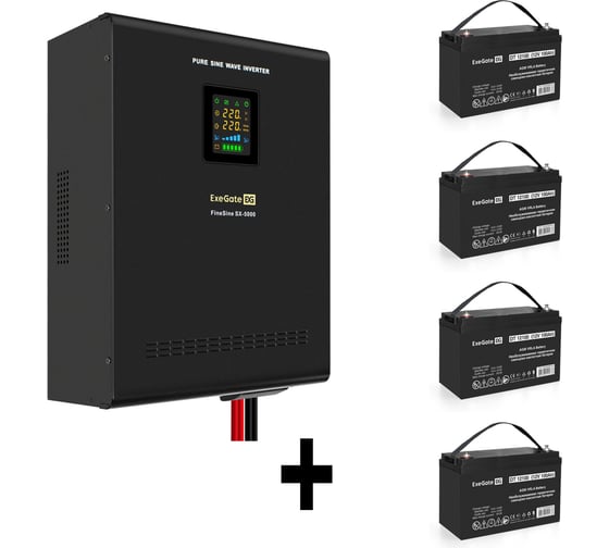 Комплект ИБП ExeGate EX296004RUS+батарея 100Aч EX282985RUS4 штинвертор, синус, для котла, настенный FineSineSX-5000.LCD.AVR.2SH.T5000VA3500W, чистая синусоида, цветной LCD-диспл 296669 1