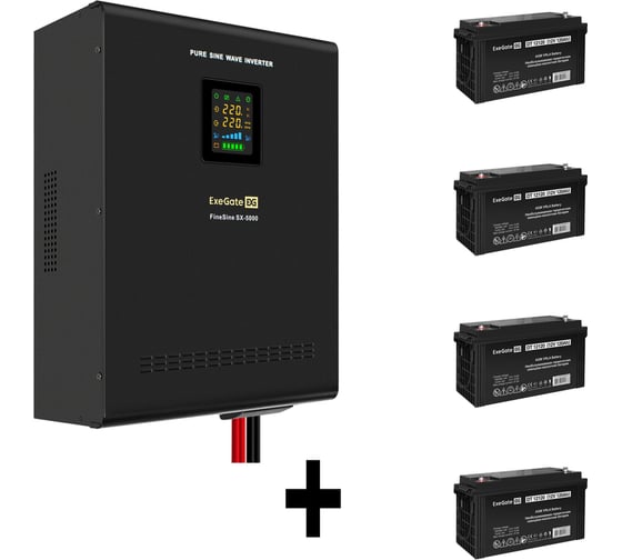 Комплект ИБП ExeGate EX296004RUS+батарея 120Aч EX282988RUS4 штинвертор, синус, для котла, настенный FineSineSX-5000.LCD.AVR.2SH.T5000VA3500W, чистая синусоида, цветной LCD-диспл 296671 1