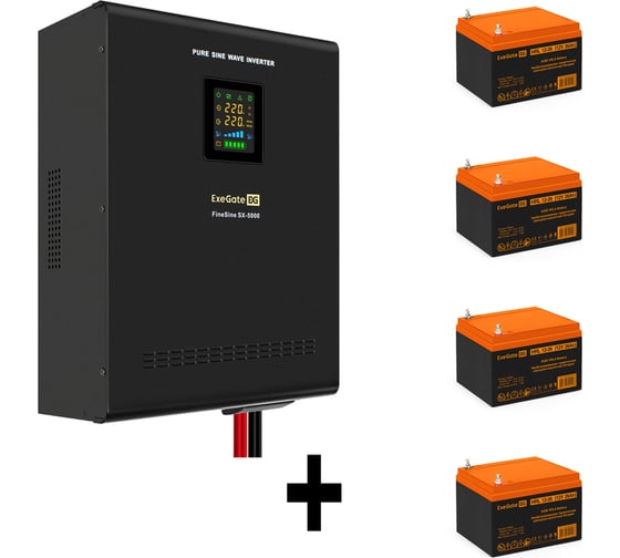 Комплект ИБП ExeGate EX296004RUS+батарея 26Aч EX285663RUS4 штинвертор, синус, для котла, настенный FineSineSX-5000.LCD.AVR.2SH.T5000VA3500W, чистая синусоида, цветной LCD-диспле 296655