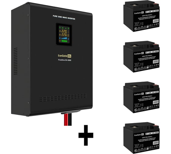 Комплект ИБП ExeGate EX296004RUS+батарея 40Aч EX282976RUS4 штинвертор, синус, для котла, настенный FineSineSX-5000.LCD.AVR.2SH.T5000VA3500W, чистая синусоида, цветной LCD-диспле 296658