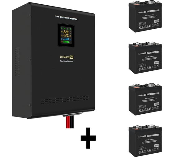 Комплект ИБП ExeGate EX296004RUS+батарея 55Aч EX285667RUS4 штинвертор, синус, для котла, настенный FineSineSX-5000.LCD.AVR.2SH.T5000VA3500W, чистая синусоида, цветной LCD-диспле 296661 1