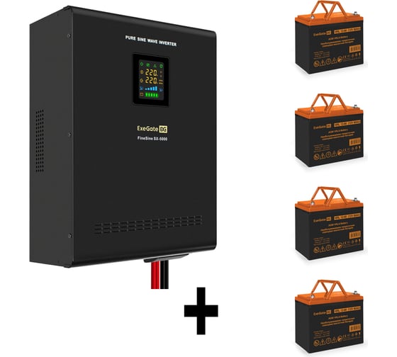 Комплект ИБП ExeGate EX296004RUS+батарея 80Aч EX285654RUS4 штинвертор, синус, для котла, настенный FineSineSX-5000.LCD.AVR.2SH.T5000VA3500W, чистая синусоида, цветной LCD-диспле 296667