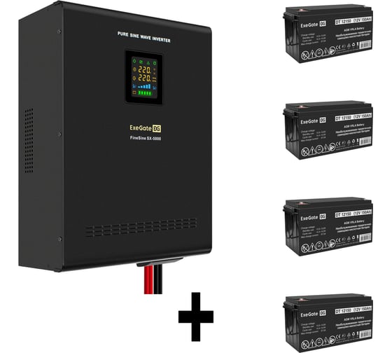 Комплект ИБП ExeGate EX296004RUS+батарея 150Aч EX282990RUS4 штинвертор, синус, для котла, настенный FineSineSX-5000.LCD.AVR.2SH.T5000VA3500W, чистая синусоида, цветной LCD-диспл 296674