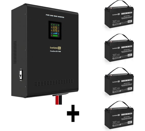 Комплект ИБП ExeGate EX296005RUS+батарея 100Aч EX282985RUS4 штинвертор, синус, для котла, настенный FineSineSX-7000.LCD.AVR.2SH.T7000VA5000W, чистая синусоида, цветной LCD-диспл 296692