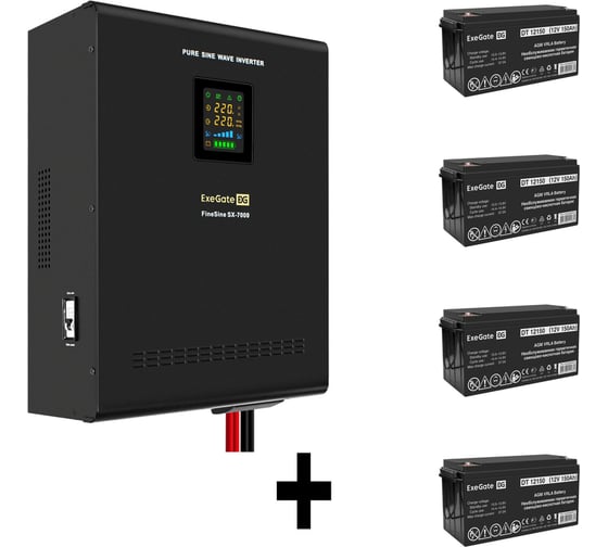 Комплект ИБП ExeGate EX296005RUS+батарея 150Aч EX282990RUS4 штинвертор, синус, для котла, настенный FineSineSX-7000.LCD.AVR.2SH.T7000VA5000W, чистая синусоида, цветной LCD-диспл 296697 1