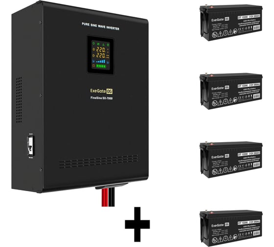 Комплект ИБП ExeGate EX296005RUS+батарея 200Aч EX282991RUS4 штинвертор, синус, для котла, настенный FineSineSX-7000.LCD.AVR.2SH.T7000VA5000W, чистая синусоида, цветной LCD-диспл 296699