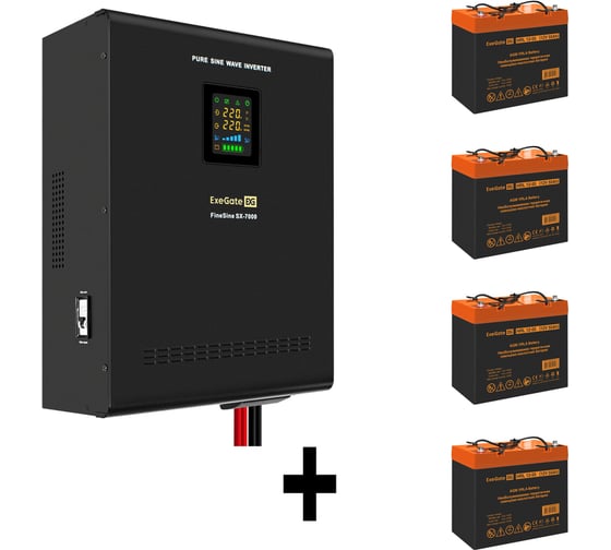 Комплект ИБП ExeGate EX296005RUS+батарея 55Aч EX285652RUS4 штинвертор, синус, для котла, настенный FineSineSX-7000.LCD.AVR.2SH.T7000VA5000W, чистая синусоида, цветной LCD-диспле 296685 1