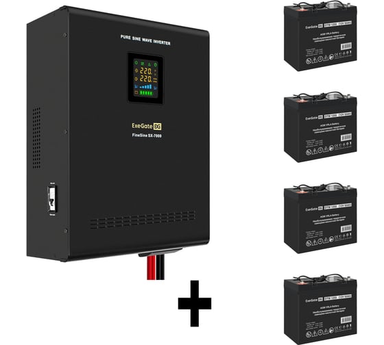 Комплект ИБП ExeGate EX296005RUS+батарея 55Aч EX285667RUS4 штинвертор, синус, для котла, настенный FineSineSX-7000.LCD.AVR.2SH.T7000VA5000W, чистая синусоида, цветной LCD-диспле 296684 1