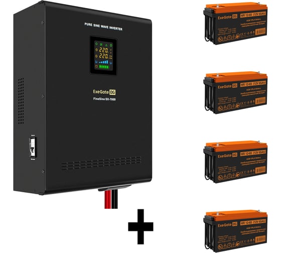 Комплект ИБП ExeGate EX296005RUS+батарея 65Aч EX282982RUS4 штинвертор, синус, для котла, настенный FineSineSX-7000.LCD.AVR.2SH.T7000VA5000W, чистая синусоида, цветной LCD-диспле 296687