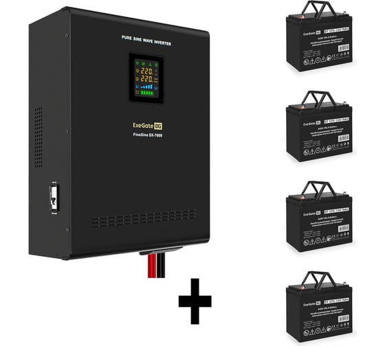 Комплект ИБП ExeGate EX296005RUS+батарея 75Aч EX282983RUS4 штинвертор, синус, для котла, настенный FineSineSX-7000.LCD.AVR.2SH.T7000VA5000W, чистая синусоида, цветной LCD-диспле 296688 1