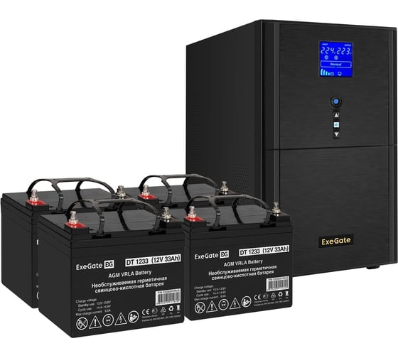 Комплект ИБП ExeGate EX295990RUS+батарея33AчEX282974RUS4шт. инвертор, синус, для котлаSineTowerSZ-3000.LCD.AVR.3SH.1C13.RJ.USB3000VA2400W, чистая синусоида, LCDдисплей, AVR, 3*Schuko 296860