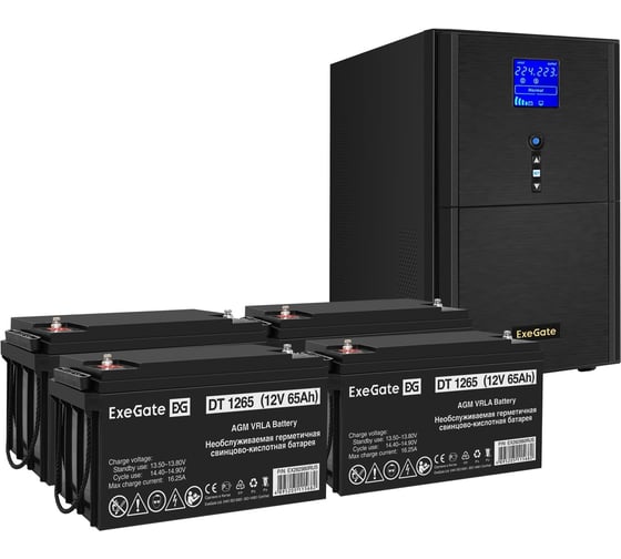 Комплект ИБП ExeGate EX295990RUS+батарея65AчEX282980RUS4шт. инвертор, синус, для котлаSineTowerSZ-3000.LCD.AVR.3SH.1C13.RJ.USB3000VA2400W, чистая синусоида, LCDдисплей, AVR, 3*Schuko 296867