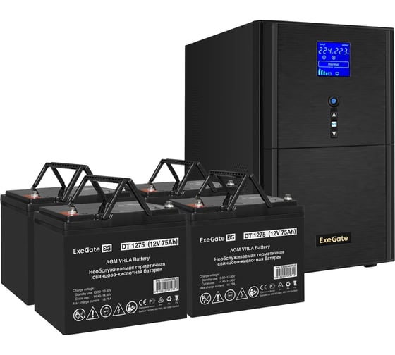 Комплект ИБП ExeGate EX295990RUS+батарея75AчEX282983RUS4шт. инвертор, синус, для котлаSineTowerSZ-3000.LCD.AVR.3SH.1C13.RJ.USB3000VA2400W, чистая синусоида, LCDдисплей, AVR, 3*Schuko 296869 1