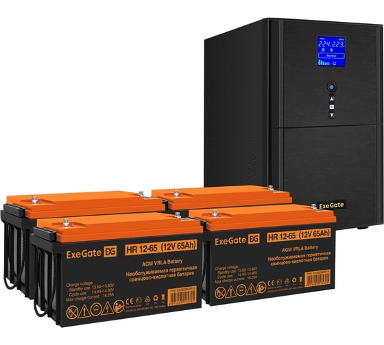 Комплект ИБП ExeGate EX295990RUS+батарея65AчEX282982RUS4шт. инвертор, синус, для котлаSineTowerSZ-3000.LCD.AVR.3SH.1C13.RJ.USB3000VA2400W, чистая синусоида, LCDдисплей, AVR, 3*Schuko 296868 1
