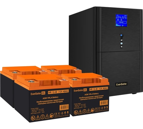 Комплект ИБП ExeGate EX295990RUS+батарея40AчEX282979RUS4шт. инвертор, синус, для котлаSineTowerSZ-3000.LCD.AVR.3SH.1C13.RJ.USB3000VA2400W, чистая синусоида, LCDдисплей, AVR, 3*Schuko 296863 1