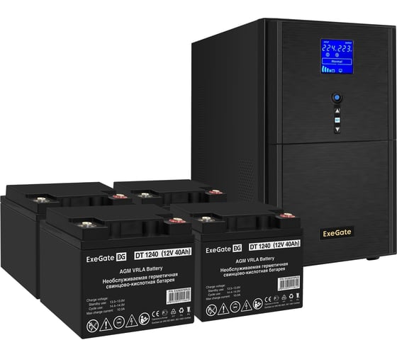 Комплект ИБП ExeGate EX295990RUS+батарея40AчEX282976RUS4шт. инвертор, синус, для котлаSineTowerSZ-3000.LCD.AVR.3SH.1C13.RJ.USB3000VA2400W, чистая синусоида, LCDдисплей, AVR, 3*Schuko 296862 1