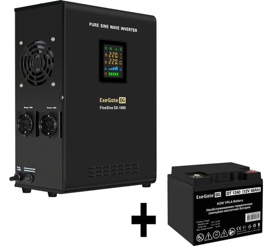 Комплект ИБП ExeGate EX295997RUS+батарея40AчEX282976RUS1шт. инвертор, синус, для котла, настенныйFineSineSX-1000.LCD.AVR.2SH1000VA600W, чистая синусоида, цветнойLCD-дисплей, A 296543