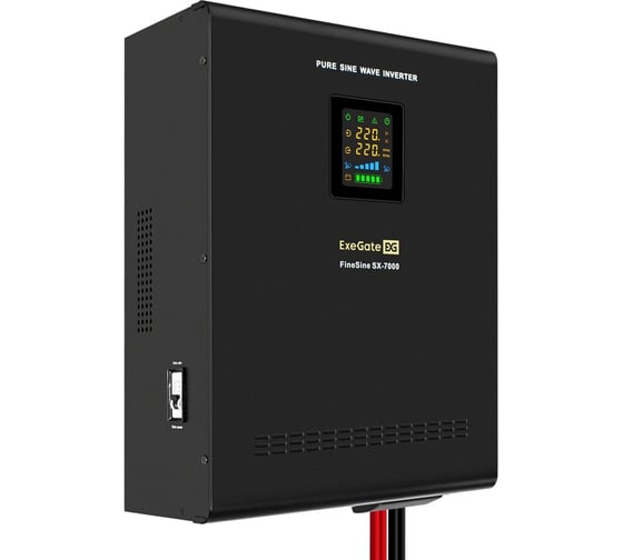 ИБП ExeGate инвертор синус для котла настенный FineSine SX-7000 LCD AVR 2SH T 7000VA/5000W чистая синусоида цветной LCD-дисплей AVR 2 Schuko клеммы линейно-интерактивный внешняя батарея 48В до 200Ач настенный Black 296005