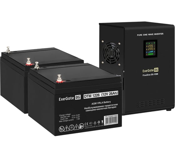 Комплект ExeGate ИБП EX295998RUS+батарея 26Aч EX282970RUS 2шт инвертор,синус,для котла,настенный FineSineSX-1500.LCD.AVR.2SH1500VA1050W,чистая синусоида,цветной LCD-дисплей, 296562 1