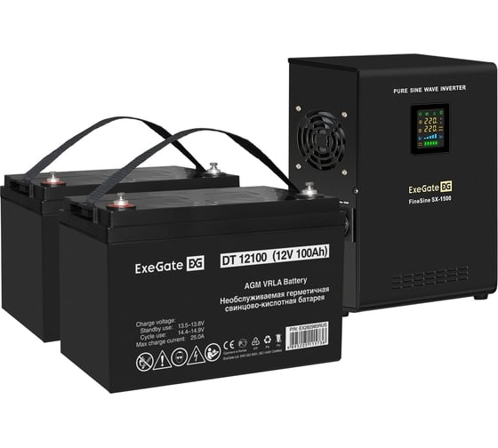 Комплект ExeGate ИБП EX295998RUS+батарея 100Aч EX282985RUS 2шт инвертор,синус,для котла,настенный FineSineSX-1500.LCD.AVR.2SH1500VA1050W,чистая синусоида,цветной LCD-дисплей 296577 1