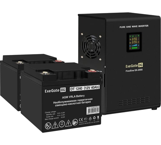 Комплект ExeGate ИБП EX296001RUS+батарея 40Aч EX282976RUS 2шт инвертор,синус,для котла,настенный FineSineSX-2000.LCD.AVR.2SH2000VA1400W,чистая синусоида,цветной LCD-дисплей, 296589 1
