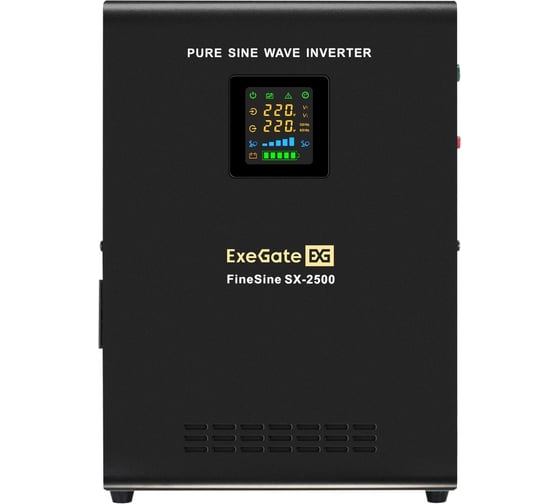 ИБП ExeGate инвертор синус для котла настенный FineSine SX-2500 LCD AVR 2SH 2500VA/1800W чистая синусоида цветной LCD-дисплей AVR 2 Schuko линейно-интерактивный внешняя батарея 24В до 200Ач настенный Black 296002