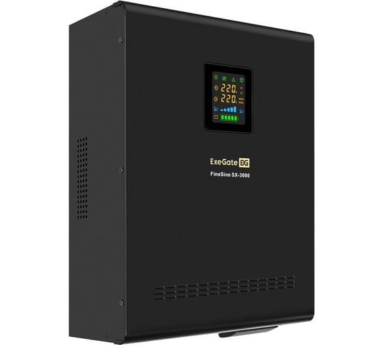 ИБП ExeGate инвертор синус для котла настенный FineSine SX-3000 LCD AVR 2SH T 3000VA/2100W чистая синусоида цветной LCD-дисплей AVR 2 Schuko клеммы линейно-интерактивный внешняя батарея 48В до 200Ач настенный Black 296003 1