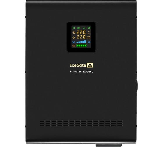 ИБП ExeGate инвертор синус для котла настенный FineSine SX-3000 LCD AVR 2SH T 3000VA/2100W чистая синусоида цветной LCD-дисплей AVR 2 Schuko клеммы линейно-интерактивный внешняя батарея 48В до 200Ач настенный Black 296003