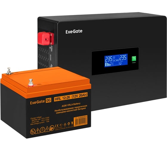 Комплект ИБП ExeGate EX295992RUS + батарея 26Aч EX285663RUS 1шт инвертор, синус, для котла, PF=1, настенный IdealSine SR-600.LCD.2SH 600VA/600W, чистая синус 297381