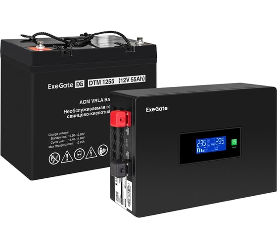 Комплект ИБП ExeGate EX295992RUS + батарея 55Aч EX285667RUS 1шт инвертор, синус, для котла, PF=1, настенный IdealSine SR-600.LCD.2SH 600VA/600W, чистая синус 297388 1