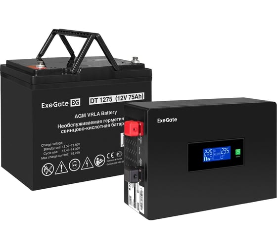 Комплект ИБП ExeGate EX295992RUS + батарея 75Aч EX282983RUS 1шт инвертор, синус, для котла, PF=1, настенный IdealSine SR-600.LCD.2SH 600VA/600W, чистая синус 297391
