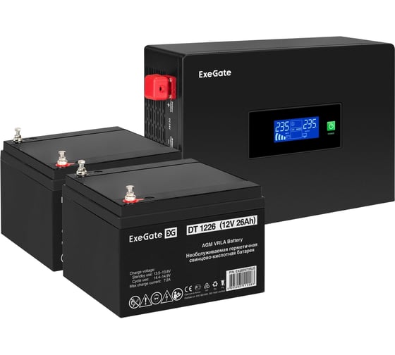 Комплект ExeGate ИБП EX295994RUS + батарея 26Aч EX282970RUS 2шт инвертор, синус, для котла, PF=1, настенный IdealSine SR-1500.LCD.2SH 1500VA/1500W 297426