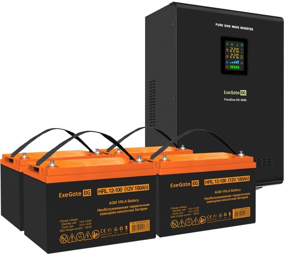Комплект ExeGate ИБП EX296003RUS + батарея 100Aч EX285656RUS 4шт инвертор, синус, для котла, настенный FineSine SX-3000.LCD.AVR.2SH.T 3000VA/2100W 296647