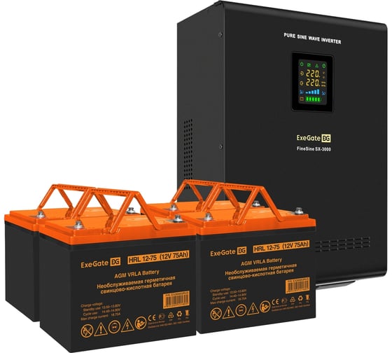 Комплект ExeGate ИБП EX296003RUS + батарея 75Aч EX285653RUS 4шт инвертор, синус, для котла, настенный FineSine SX-3000.LCD.AVR.2SH.T 3000VA/2100W 296643