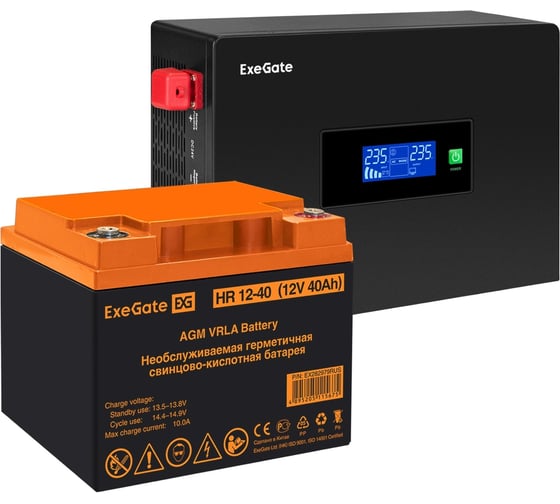 Комплект ИБП ExeGate EX295993RUS + батарея 40Aч EX282979RUS 1шт инвертор, синус, для котла, PF=1, настенный IdealSine SR-1000.LCD.2SH 1000VA/1000W, чистая синусоида 297408 1