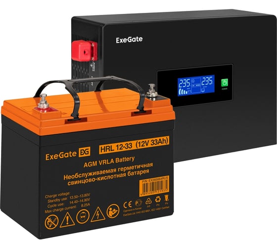 Комплект ИБП ExeGate EX295993RUS + батарея 33Aч EX285664RUS 1шт инвертор, синус, для котла, PF=1, настенный IdealSine SR-1000.LCD.2SH 1000VA/1000W, чистая синусоида 297406