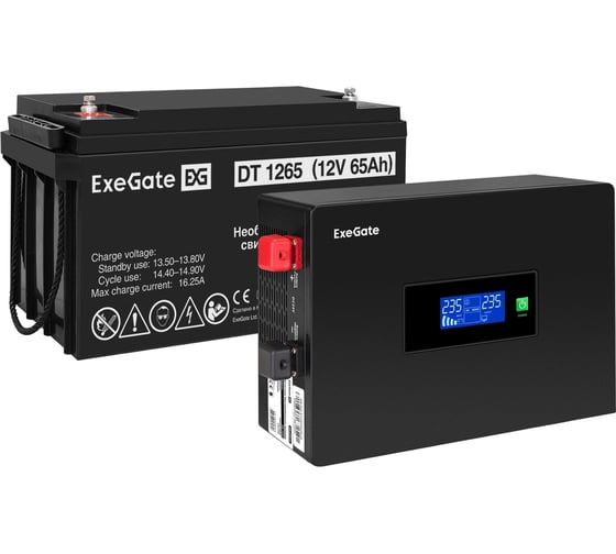 Комплект ИБП ExeGate EX295993RUS + батарея 65Aч EX282980RUS 1шт инвертор, синус, для котла, PF=1, настенный IdealSine SR-1000.LCD.2SH 1000VA/1000W, чистая синусоида 297412