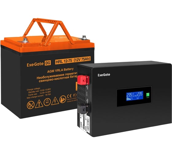 Комплект ИБП ExeGate EX295993RUS + батарея 75Aч EX285653RUS 1шт инвертор, синус, для котла, PF=1, настенный IdealSine SR-1000.LCD.2SH 1000VA/1000W, чистая синусоида 297415