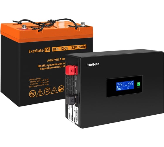 Комплект ИБП ExeGate EX295993RUS + батарея 55Aч EX285652RUS 1шт инвертор, синус, для котла, PF=1, настенный IdealSine SR-1000.LCD.2SH 1000VA/1000W, чистая синусоида 297410 1
