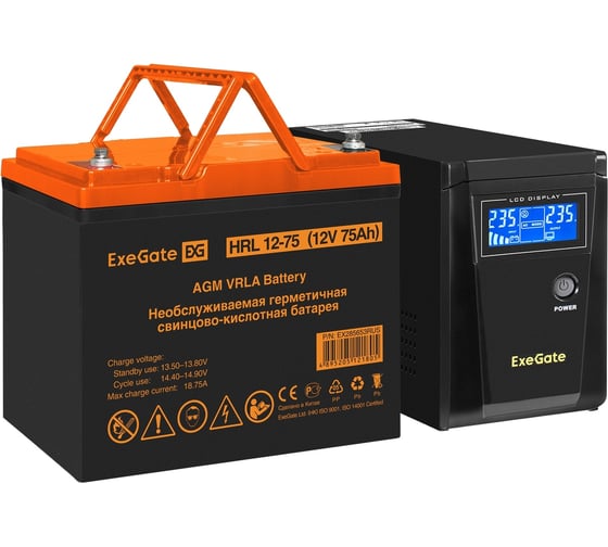 Комплект ИБП ExeGate ИБП EX295986RUS + батарея 75Aч EX285653RUS 1шт, инвертор, синус, для котла SineTower SZ-600.LCD.AVR.1SH 600VA/360W, чистый синусоида, LCD 296778 1