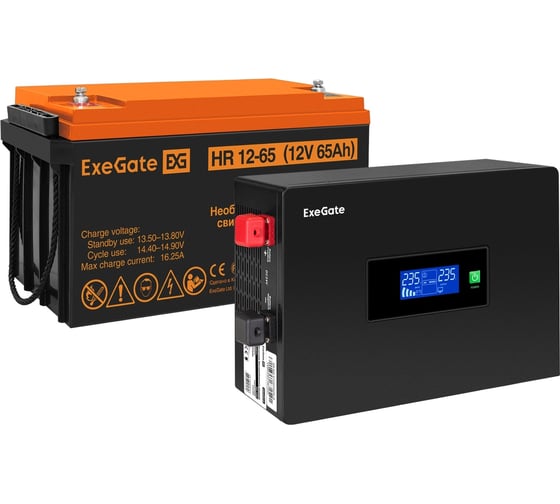 Комплект ExeGate ИБП EX295993RUS + батарея 65Aч EX282982RUS 1шт, инвертор, синус, для котла, PF=1, настенный IdealSine SR-1000.LCD.2SH 1000VA/1000W 297413