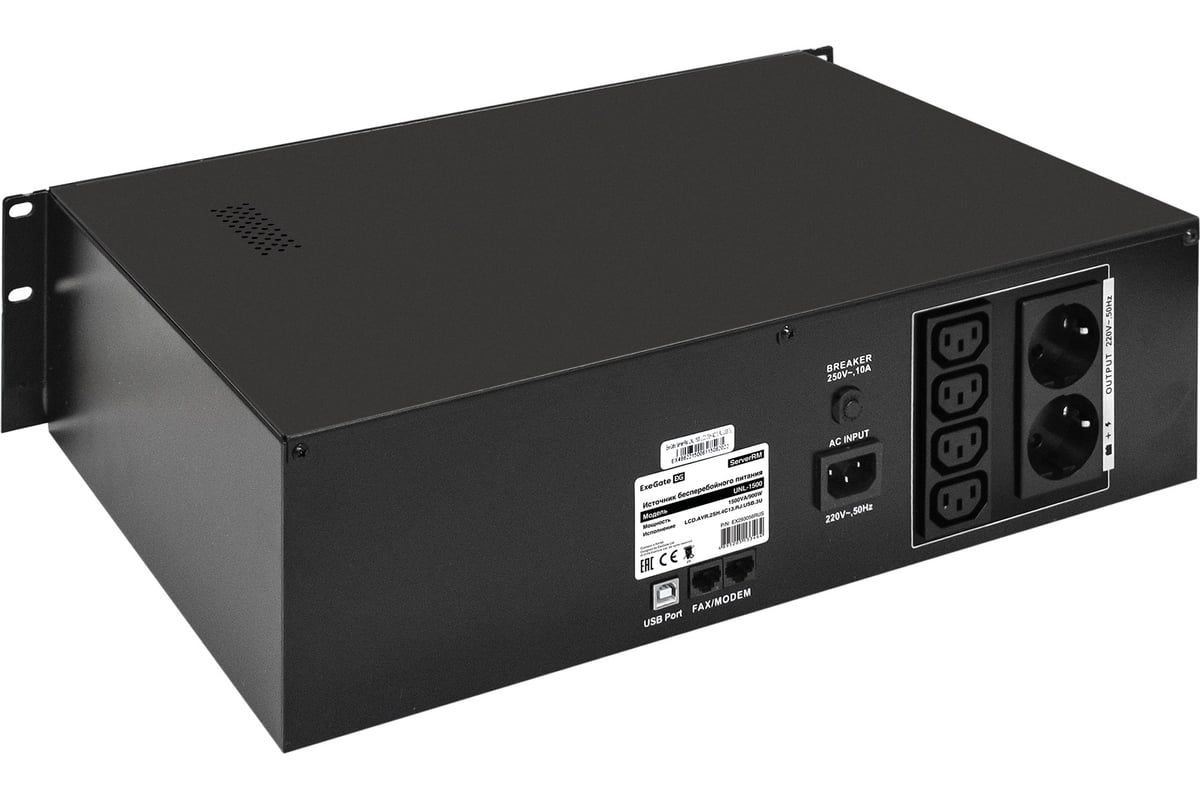 Источник бесперебойного питания ExeGate ServerRM  UNL-1500.LCD.AVR.2SH.4C13.RJ.USB.3U 1500VA/900W, 2Sch/4C13,RJ45/11,USB,3U,  установка в стойку, Black ...