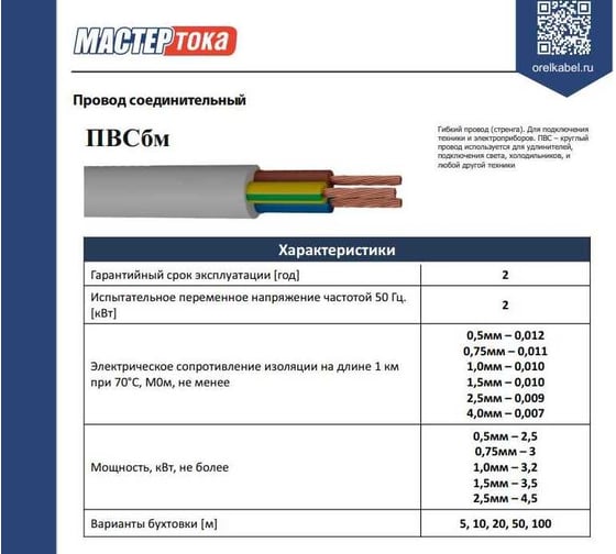 Кабель ПВСбм Мастер Тока 3x1.5 бел (5) МТ1216