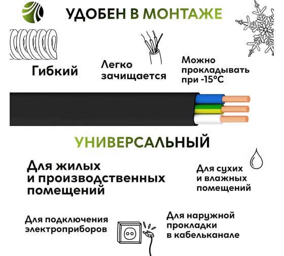 Кабель ВВГп-НГ(А) LS Ореол 3x4 мм ГОСТ 20 м 00-00009228