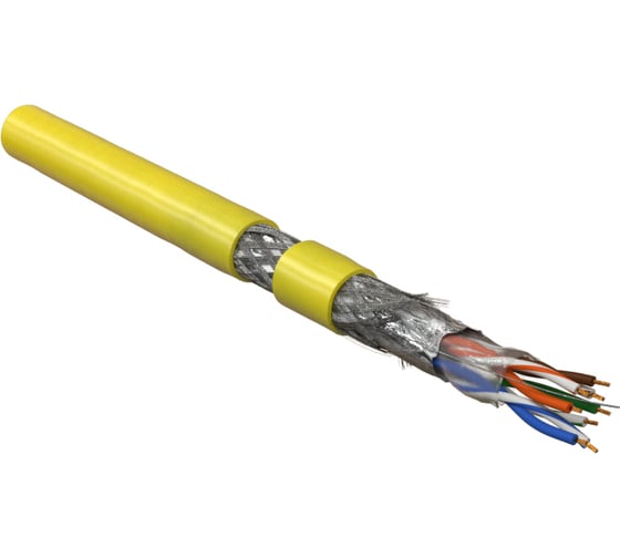 Кабель Hyperline SFUTP4-C5E-P26-IN-PVC-YL-305 305 м, витая пара, экранированная SF/UTP, категория 5e, 4 пары (26 AWG), многожильный (patch), экран - фольга + медная оплетка, PVC, –20C – +75C, желтый 445031