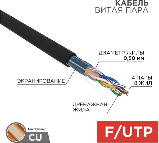 Кабель F/UTP REXANT CAT 5e, PE, 4x2x0,50мм, 24AWG, внешний, черный, (305 м/уп.), РФ 01-0146-R