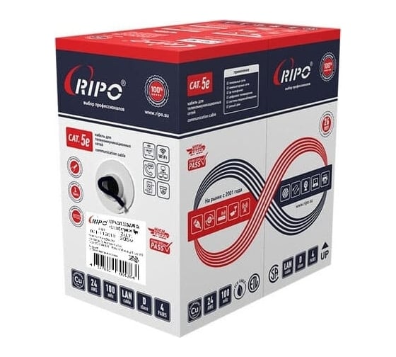 Кабель Ripo Utp4cat5e 24awg cu (outdoor) с одножильным тросом, черный, (100м) 001-112018/100